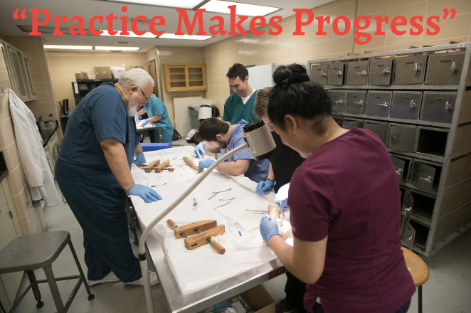 Photo of students working in a dissection lab preparing for surgery. 